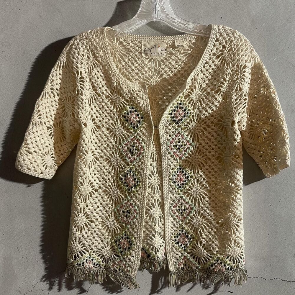 Anthropologie Edie Crochet Fringe Open Weave Cardigan